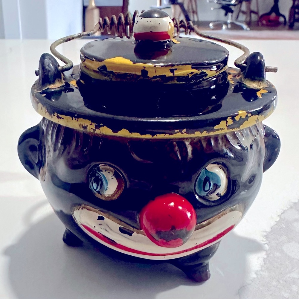 Vintage 1930 Japan Thames Redware Black Clown Face Sugar Bowl